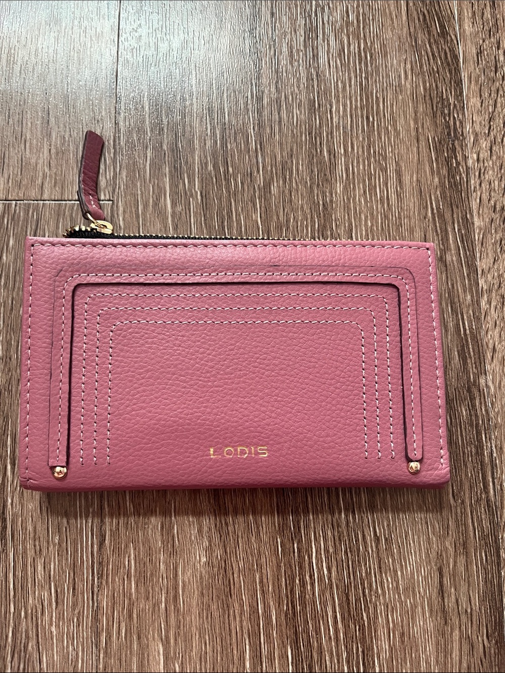 Lodis Rope Me In Rose Pink Leather Zip Card Wallet with Gold Hardware